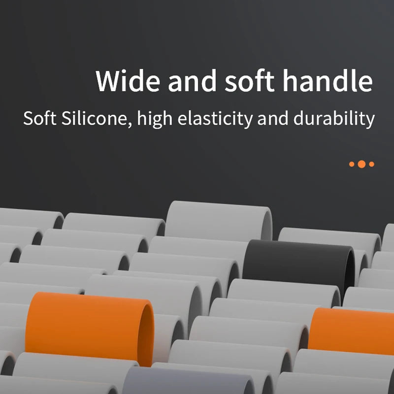 A collection of cylindrical silicone handles in grey, orange, and black, arranged in a grid pattern.