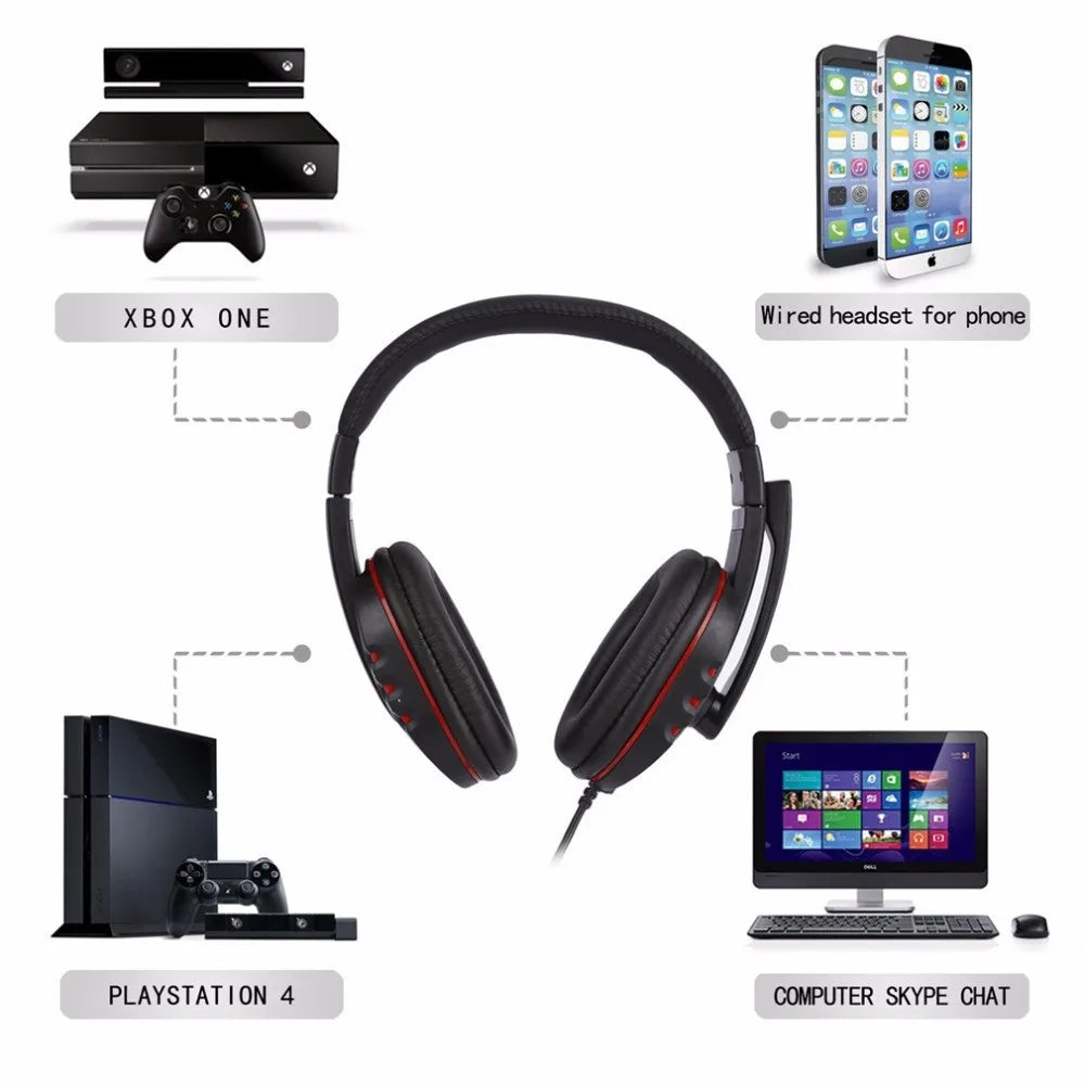 Black wired gaming headset with red accents, integrated microphone, and volume control, compatible with multiple devices.