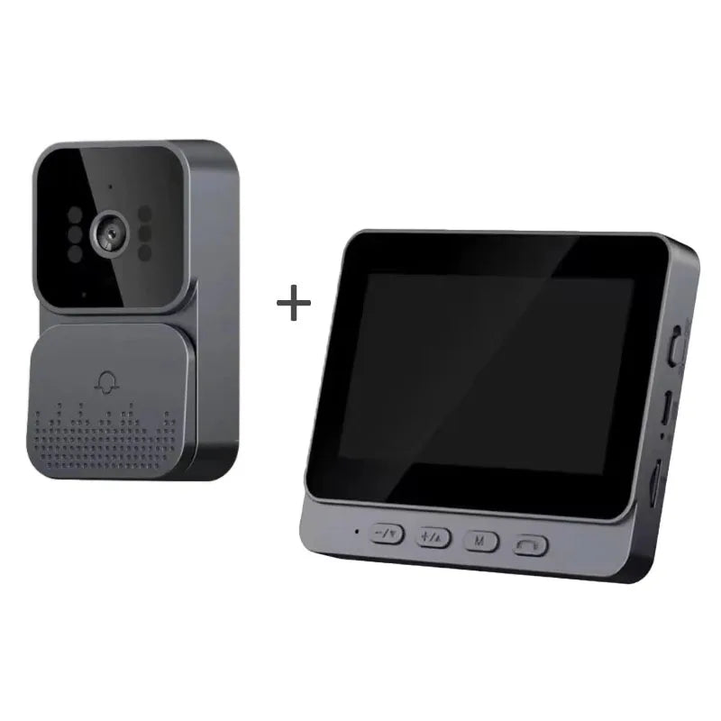 Smart wireless video doorbell kit in dark grey, featuring a camera unit and a 4.3-inch HD indoor monitor.