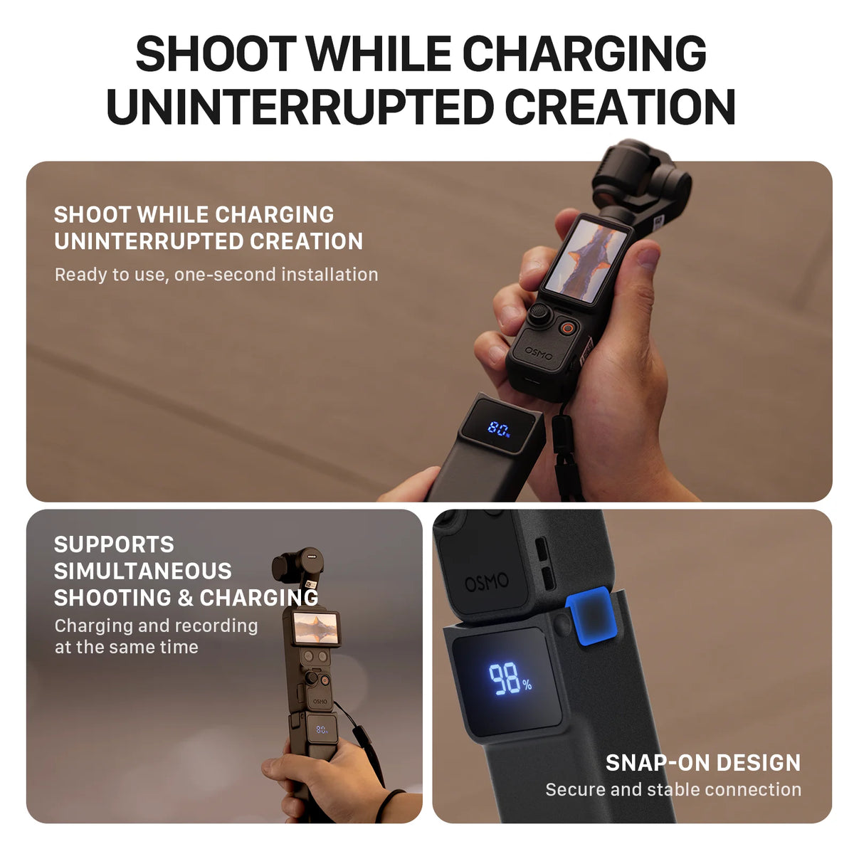 A hand attaches a black Osmo battery handle with a digital battery percentage display to a DJI Osmo Pocket camera.