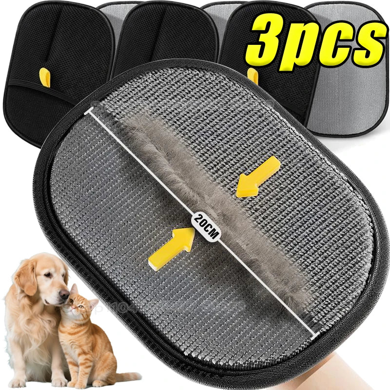 Pack of three grey and black oval pet hair remover brushes, showing a 20cm cleaning surface and a dog and cat below.