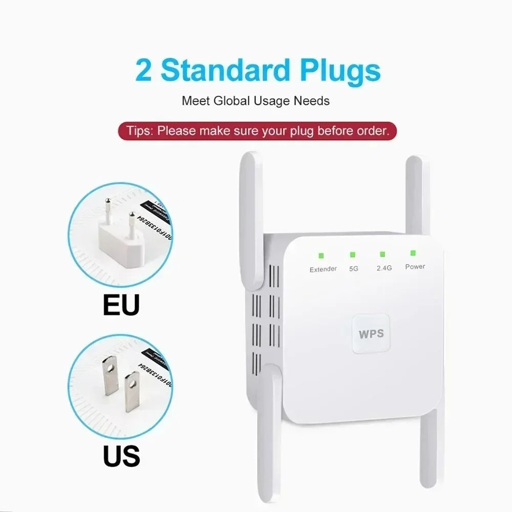 White dual-band WiFi repeater with four antennas, status LEDs, WPS button, and EU/US plug options.