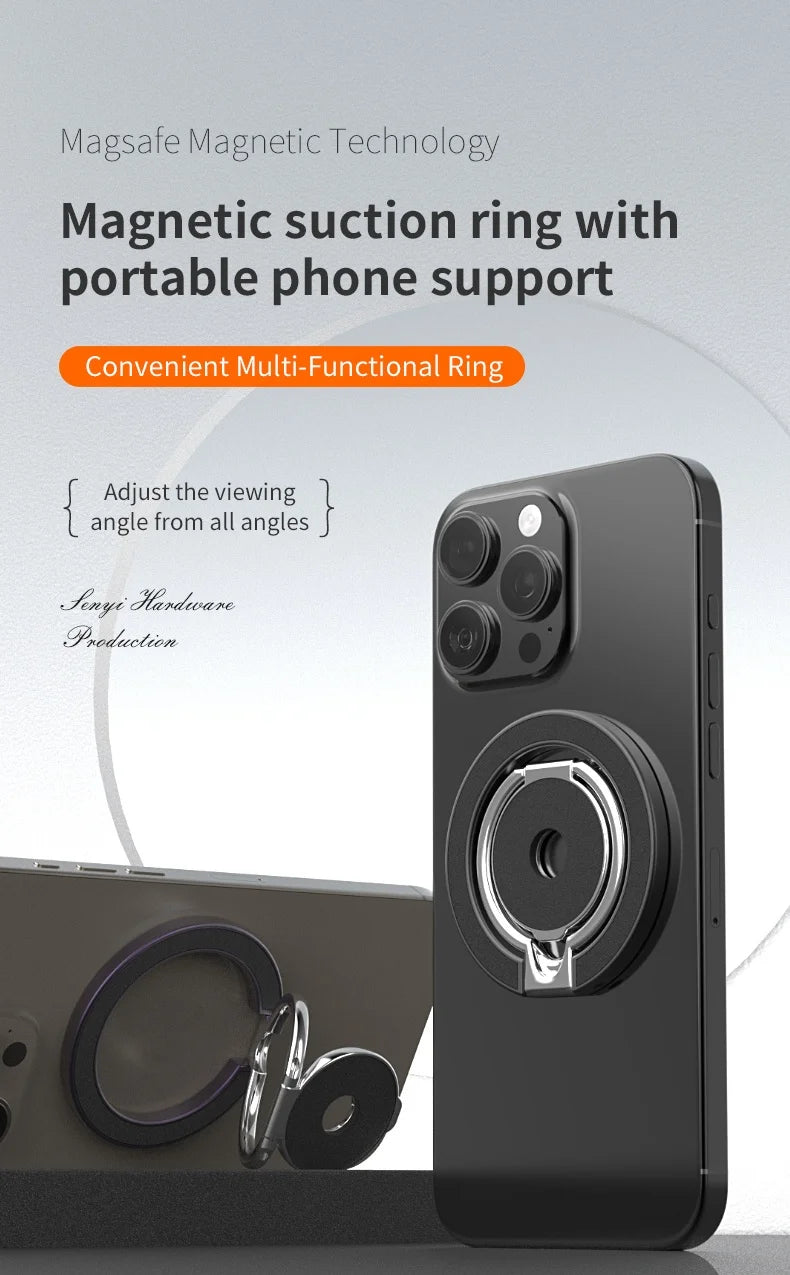 Black magnetic phone ring holder attached to a smartphone, featuring a sleek, circular metallic design and stand.