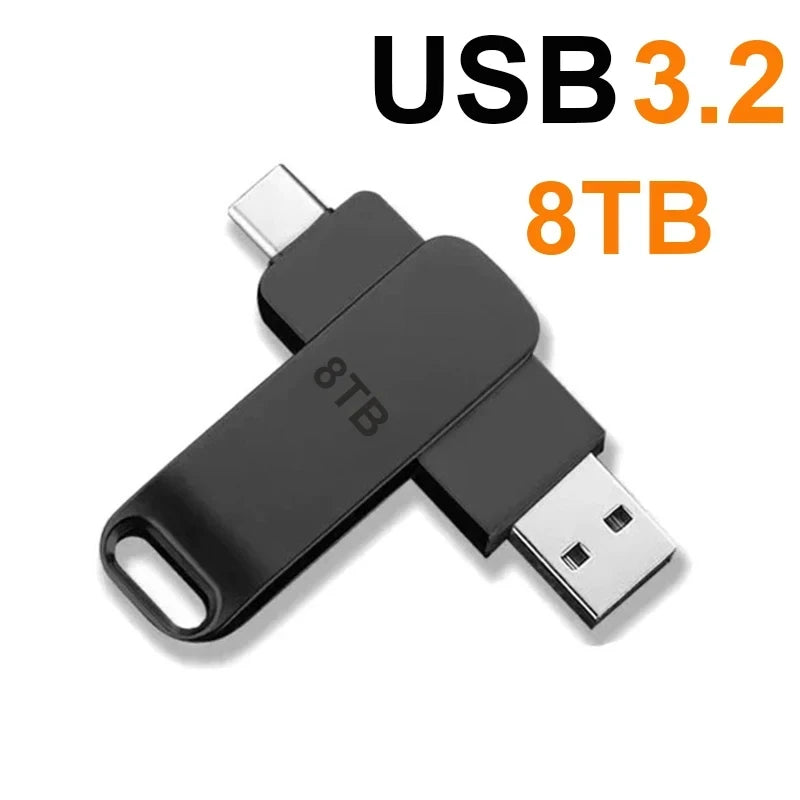 Black dual-connector USB 3.2 flash drive featuring both USB-A and USB-C ports in a sleek, compact swivel design.