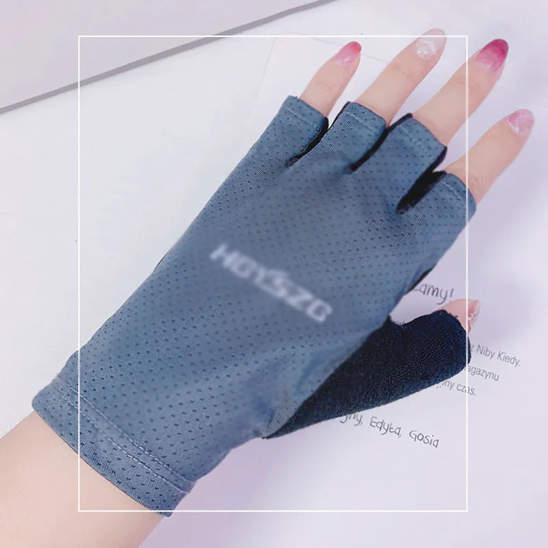 Grey fingerless sports glove with a micro-perforated texture and branding on the back of the hand.