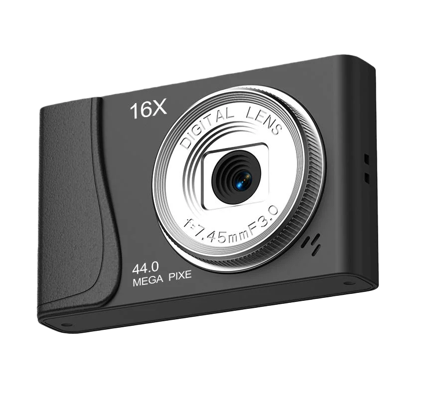 Black plastic digital camera with 16X zoom, 44MP sensor, and a silver-rimmed fixed lens against a black background.