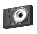 Black plastic digital camera with 16X zoom, 44MP sensor, and a silver-rimmed fixed lens against a black background.