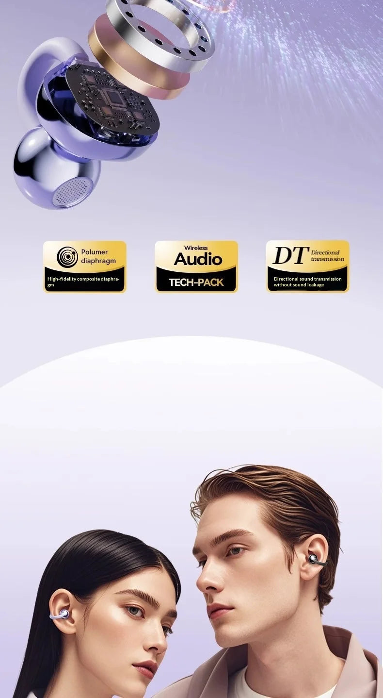 Purple wireless open-ear earbuds shown with an exploded technical view, worn by a man and woman.
