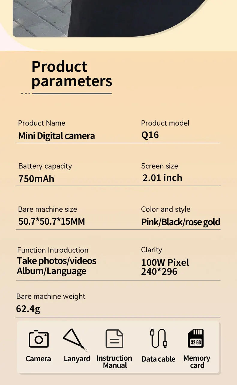 Q16 mini digital camera in pink, black, or rose gold with a 2.01-inch screen, 750mAh battery, and 100W pixel lens.