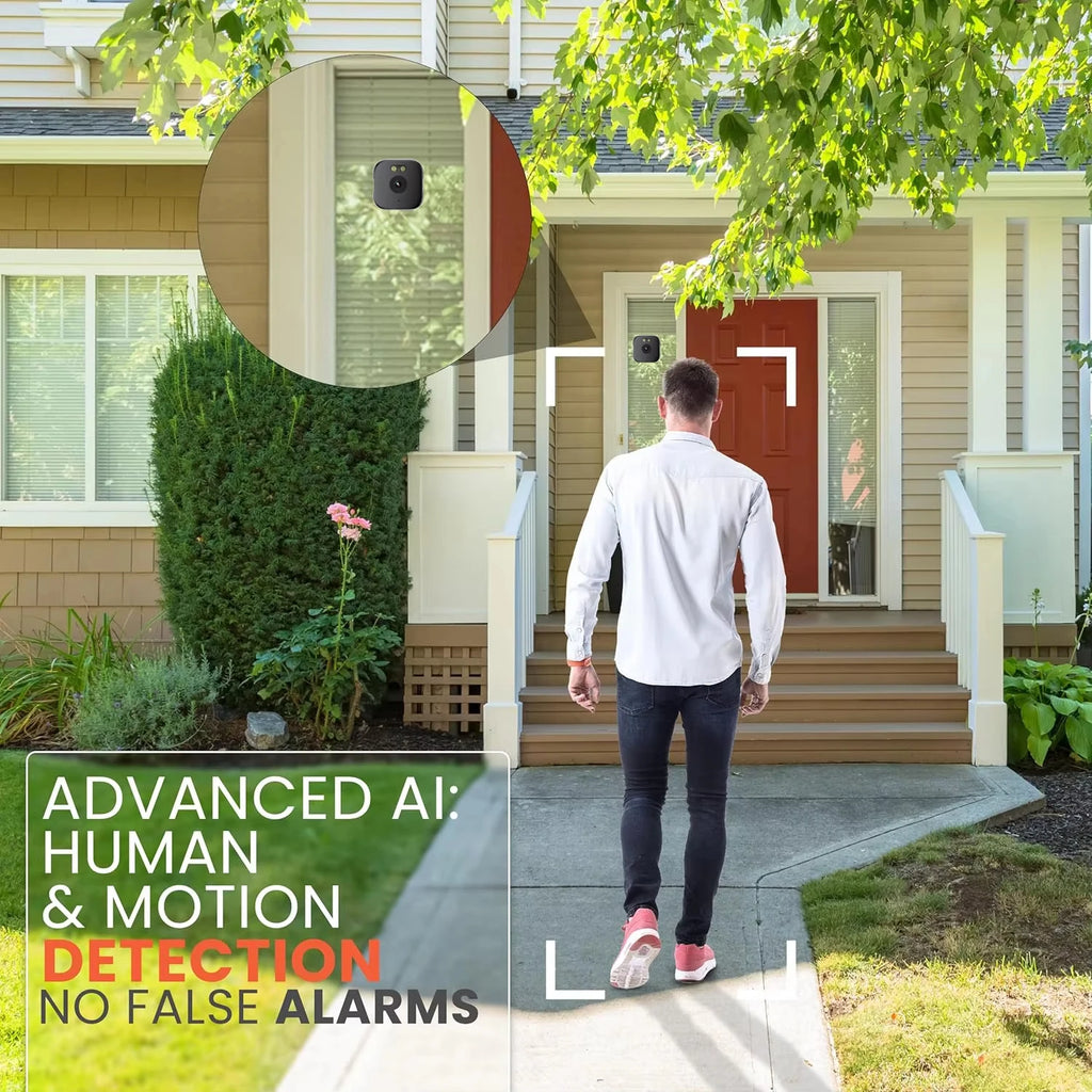 A small, black square WiFi security camera mounted by a front door, detecting a person walking towards the house.