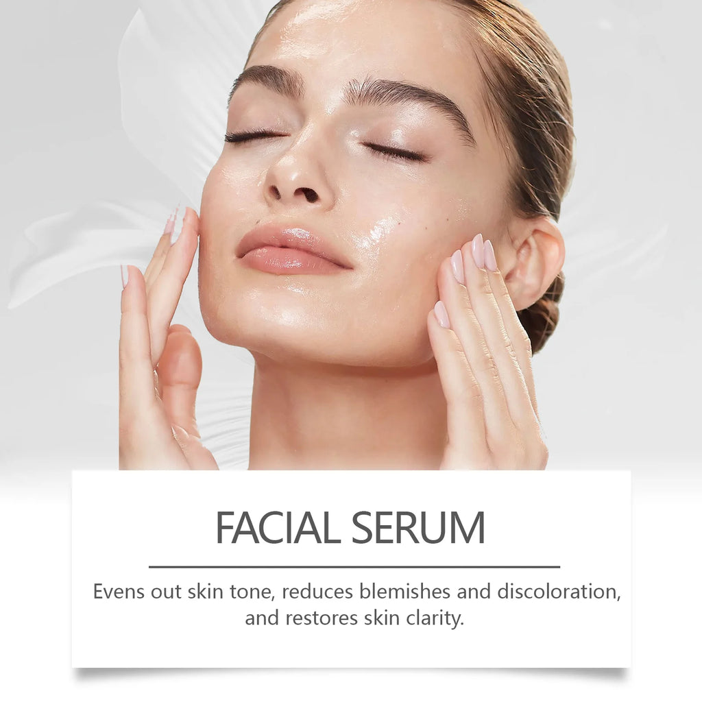 Woman with clear, glowing skin applying facial serum to even skin tone and reduce blemishes.