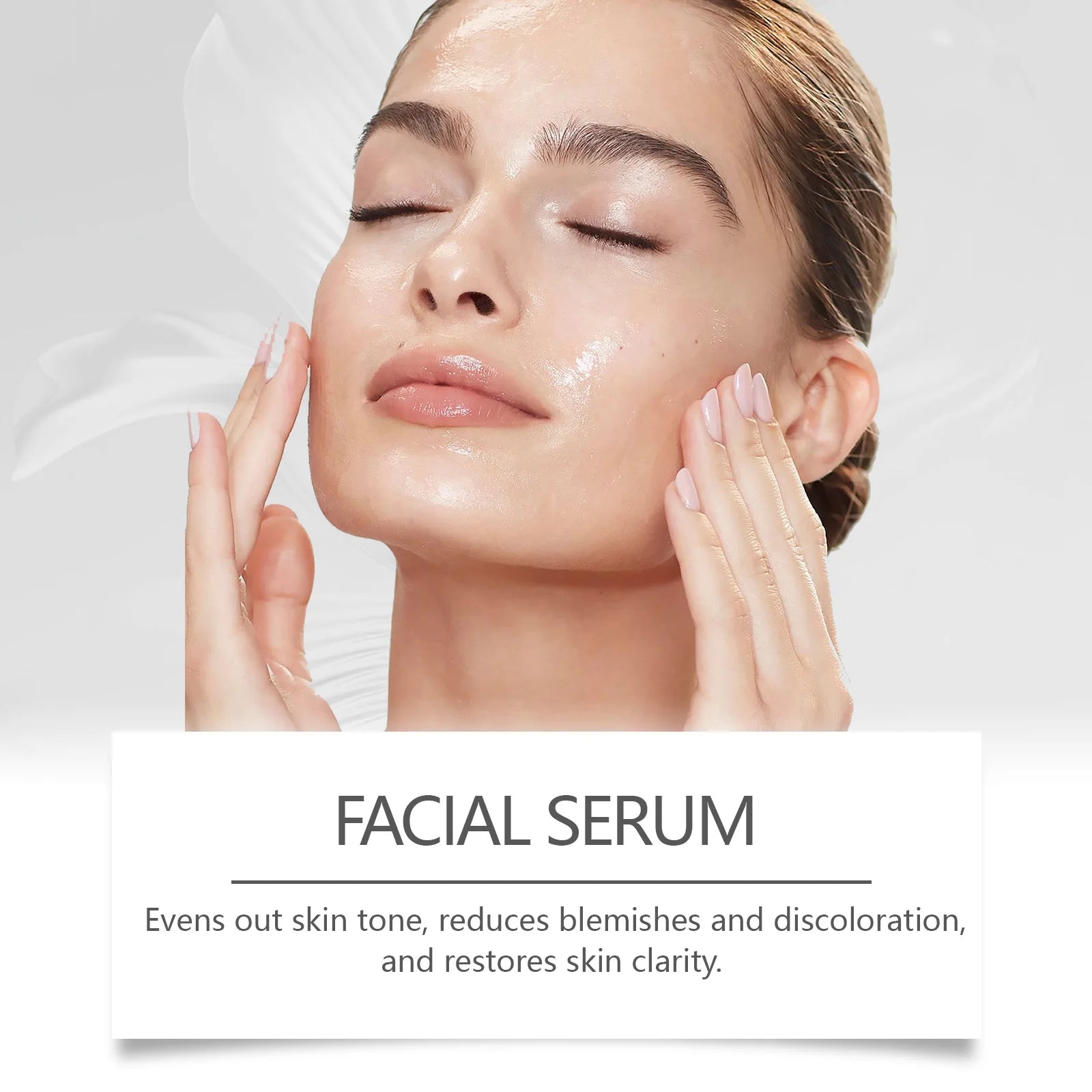 Woman with clear, glowing skin applying facial serum to even skin tone and reduce blemishes.