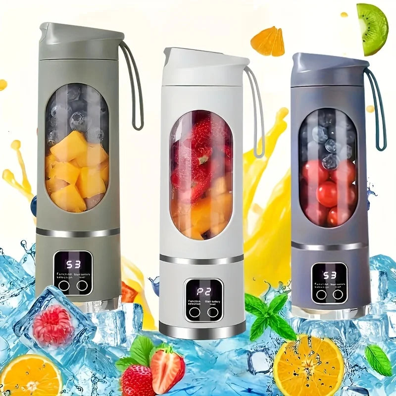 Three portable fruit blenders in grey, white, and dark blue, each with a digital display and carry strap.
