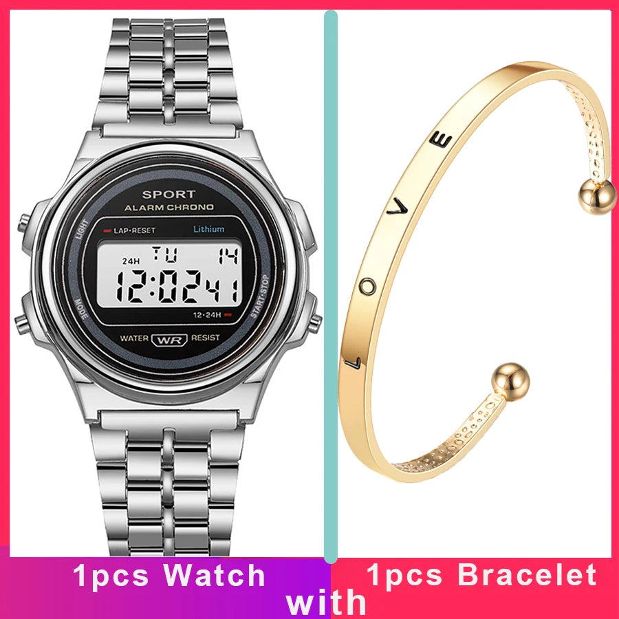 Silver-tone digital retro watch with alarm and chronograph, paired with a gold-tone 'LOVE' bangle bracelet.