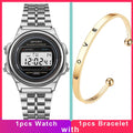 Silver-tone digital retro watch with alarm and chronograph, paired with a gold-tone 'LOVE' bangle bracelet.