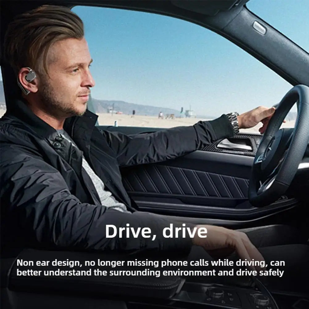 Man driving while wearing a sleek, silver, open-ear wireless headset designed for comfort and safety.