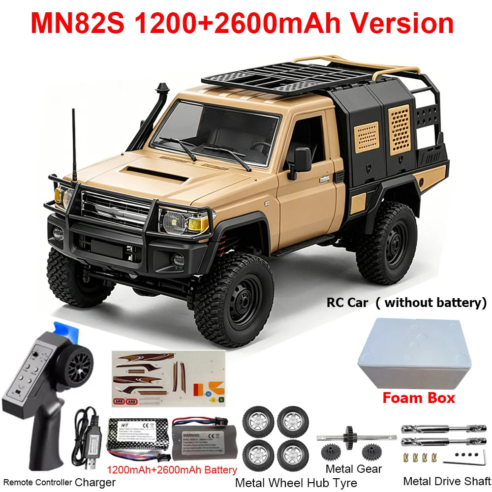 Tan 1/12 scale 4WD RC off-road truck with black accessories, remote control, and spare parts.