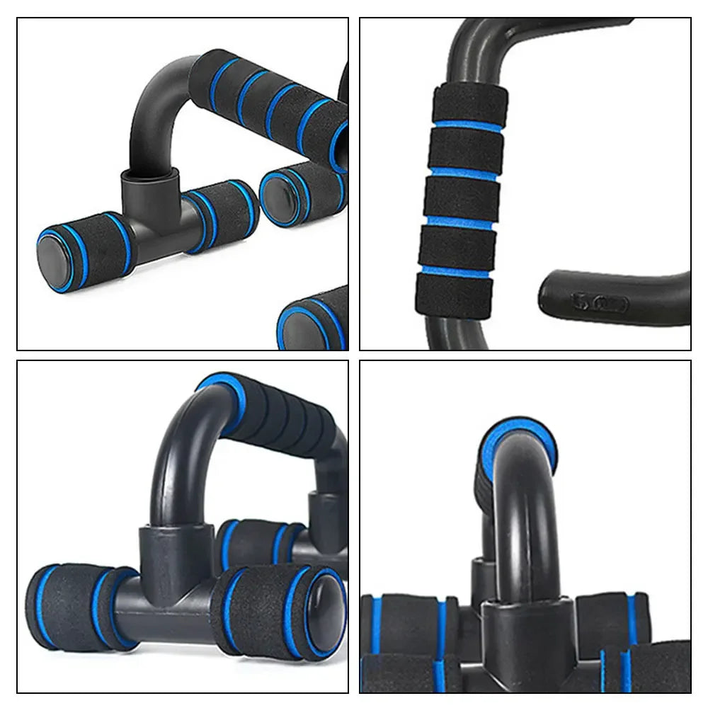 Four views of black push-up bars with comfortable blue and black foam grip handles on a white background.