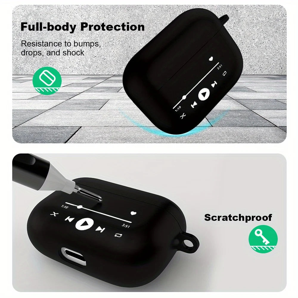 Black silicone protective case for AirPods Pro featuring a white music player interface print.