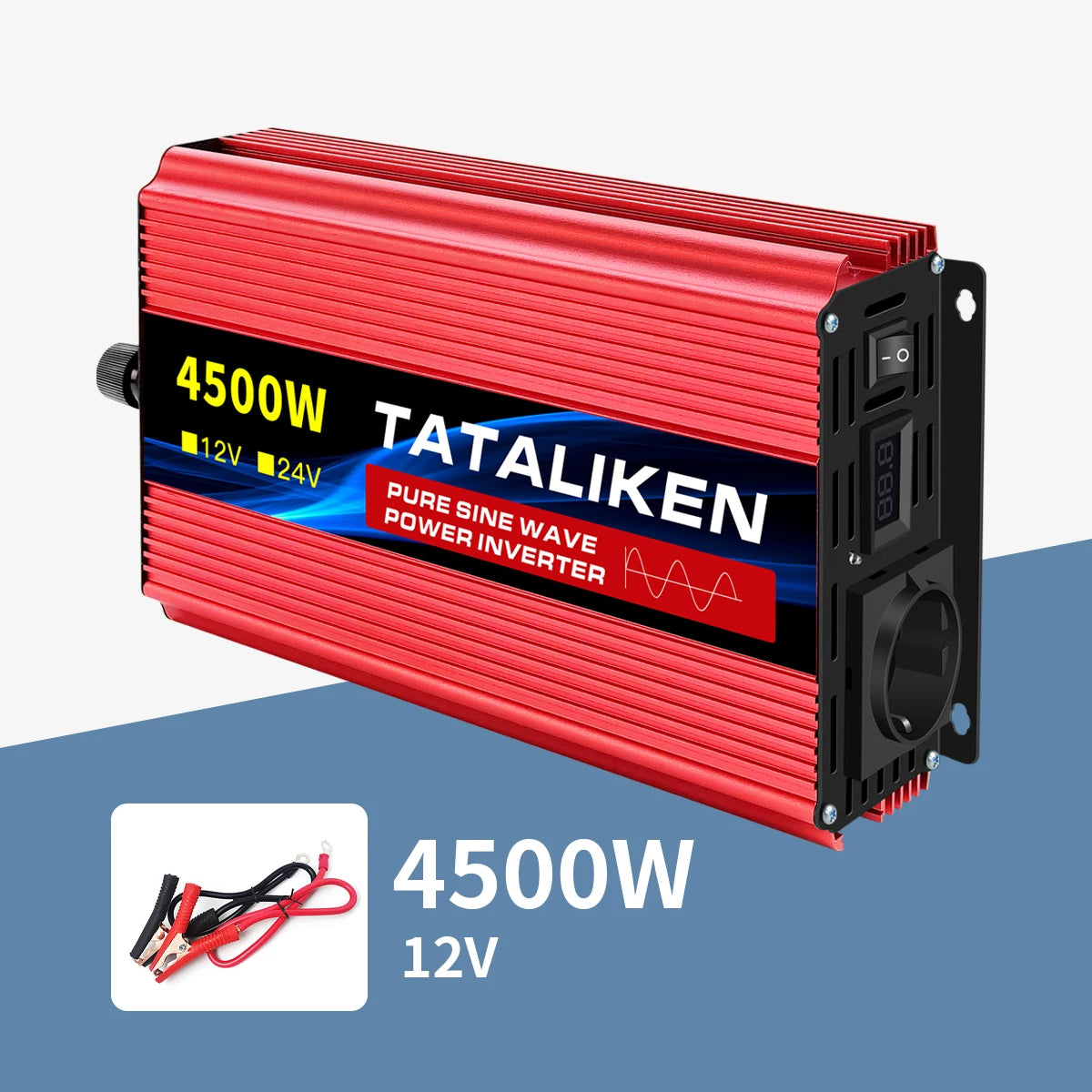 Red metal 4500W pure sine wave power inverter with integrated UK power socket, digital display, and battery cables.