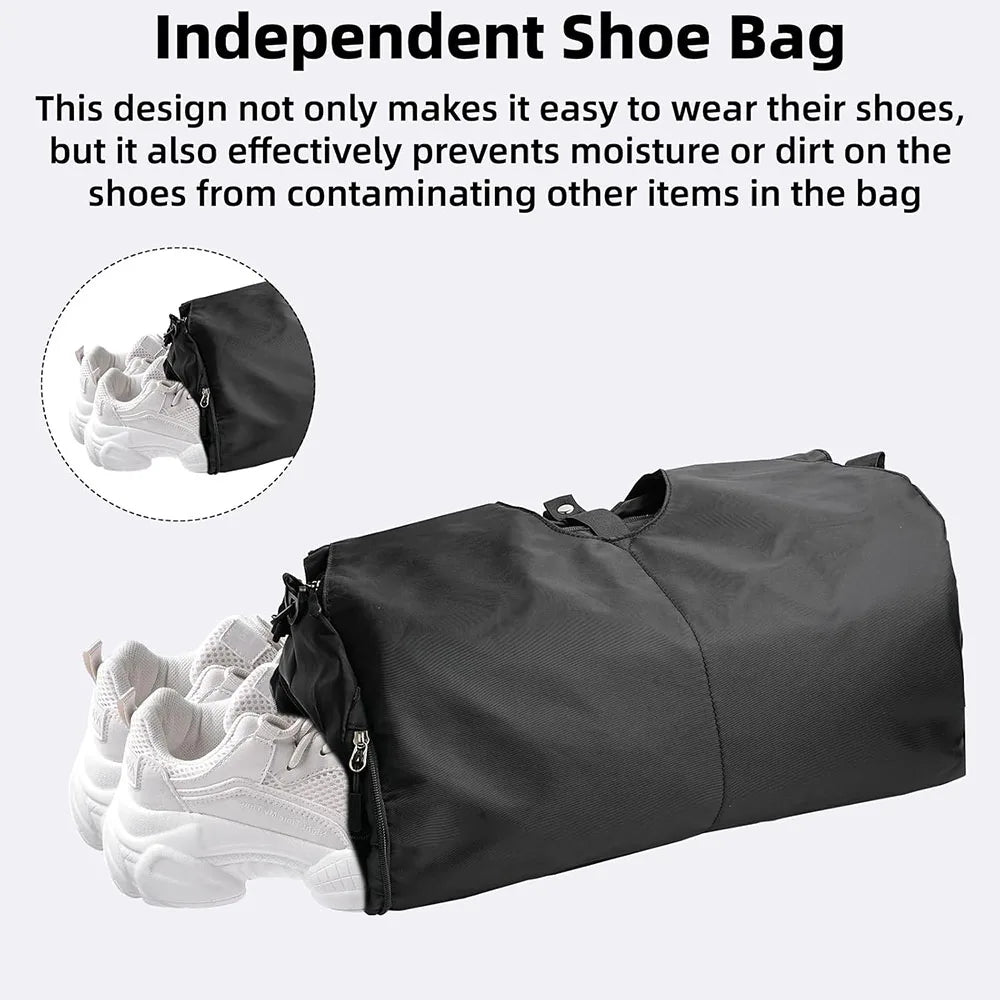 Black duffel bag with a separate zippered shoe compartment holding white sneakers, plus text overlay.
