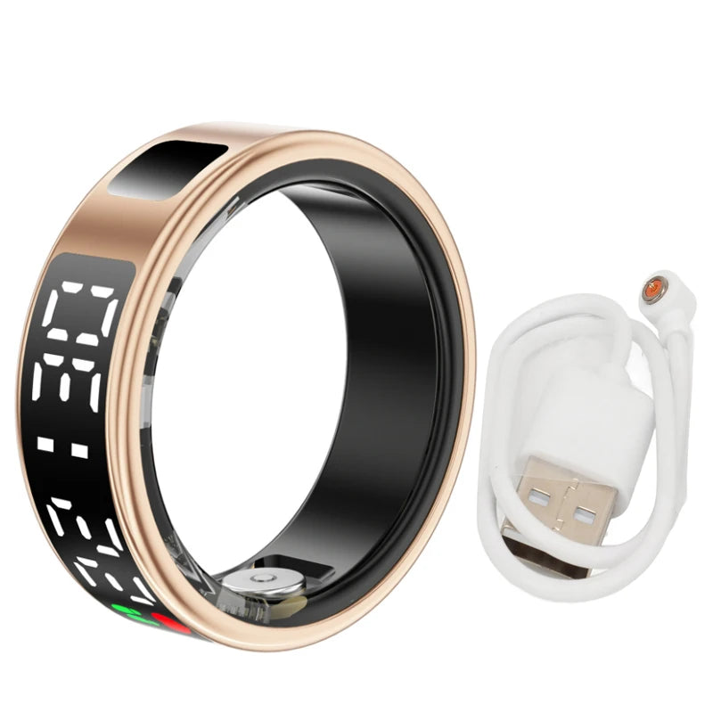 Rose gold smart fitness ring with a black display and digital readouts, shown alongside a white magnetic charging cable.