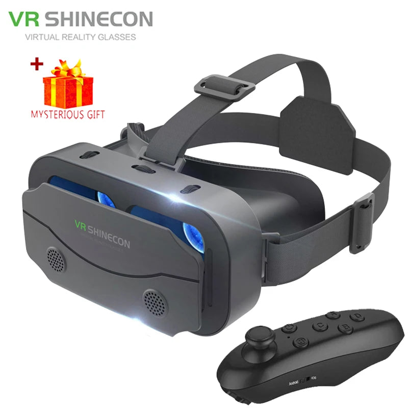 Dark gray VR Shinecon headset with adjustable straps, dual lenses, and a matching black Bluetooth remote controller.