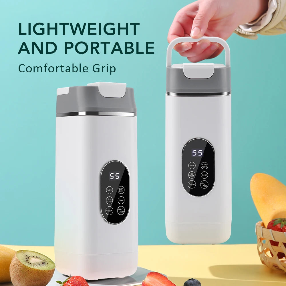 Two white, portable, handheld blenders with grey tops, digital displays, and control buttons on a light blue background.