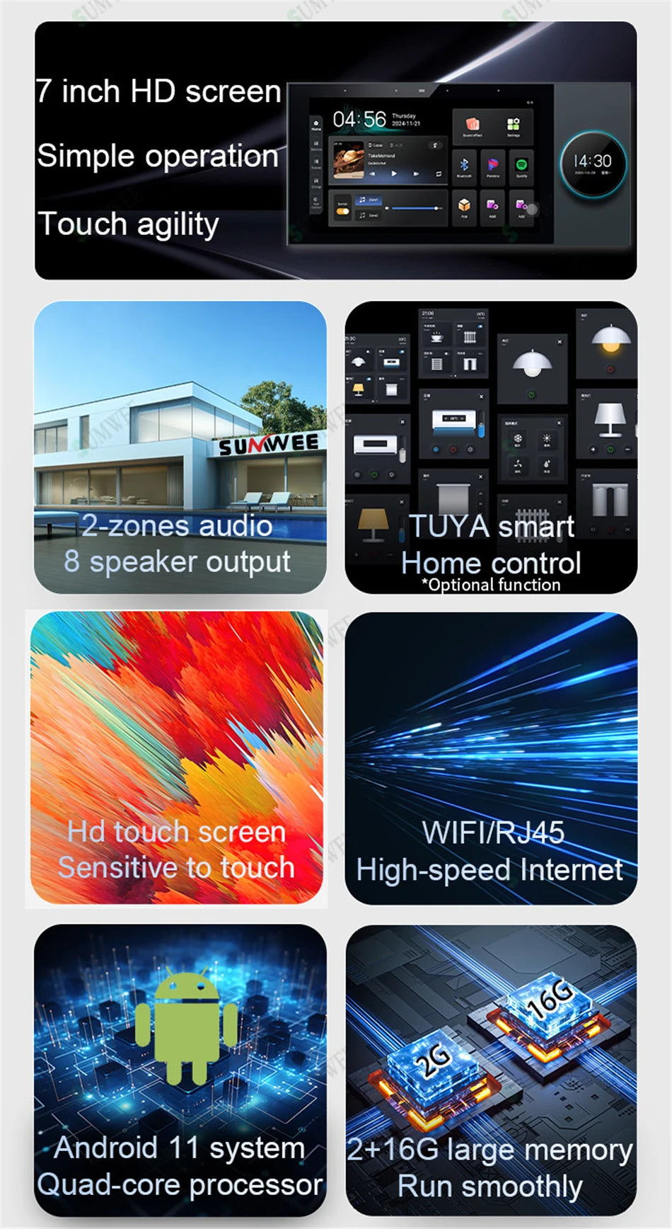 7-inch black in-wall smart home touch display with WiFi, Android OS, and multi-zone audio control capabilities.