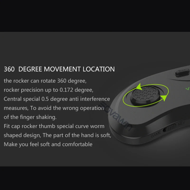 Black handheld VR remote controller featuring a textured 360-degree precision joystick and game mode switch.
