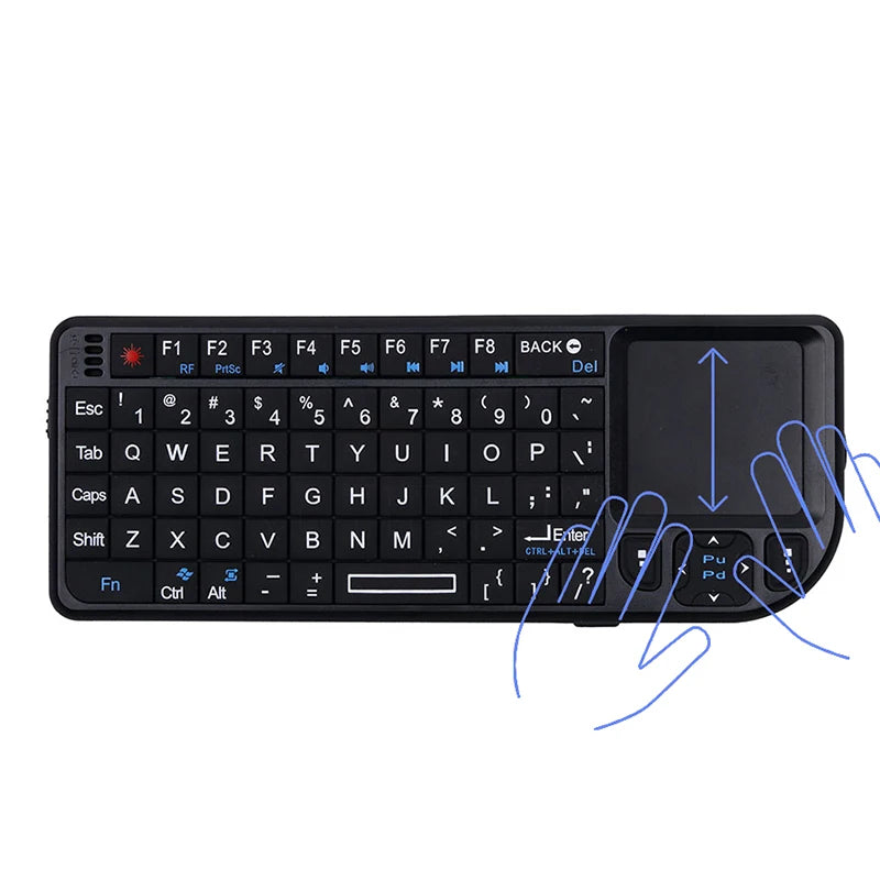 Black plastic mini wireless keyboard with QWERTY layout and integrated trackpad.