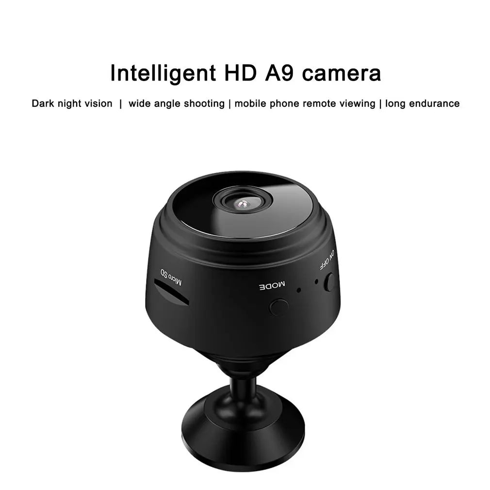 Black plastic A9 mini security camera with wide-angle lens, Micro SD slot, and magnetic base.