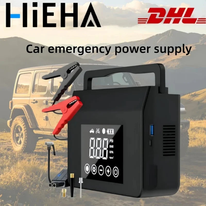 Black Hieha car jump starter and air compressor unit with digital screen, handle, and red and black jumper cables.