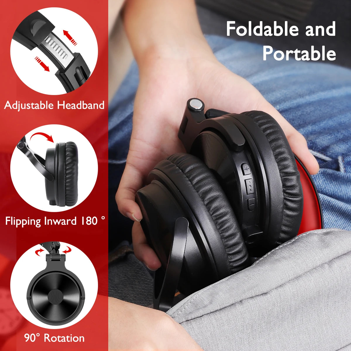 Black foldable wireless gaming headphones with an adjustable headband and rotating earcups being held in a bag.