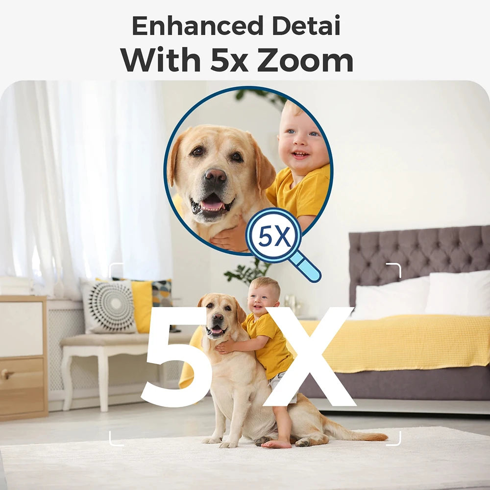 White plastic security camera showing a toddler hugging a dog in a bedroom with 5x digital zoom capability.