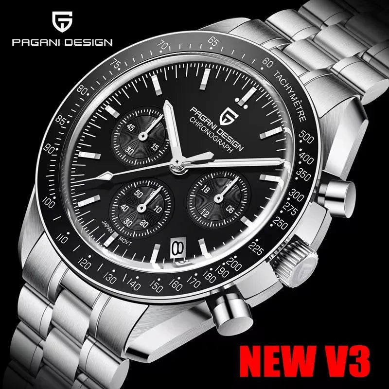 Silver Pagani Design chronograph watch with black dial, three sub-dials, date window, and tachymeter bezel.