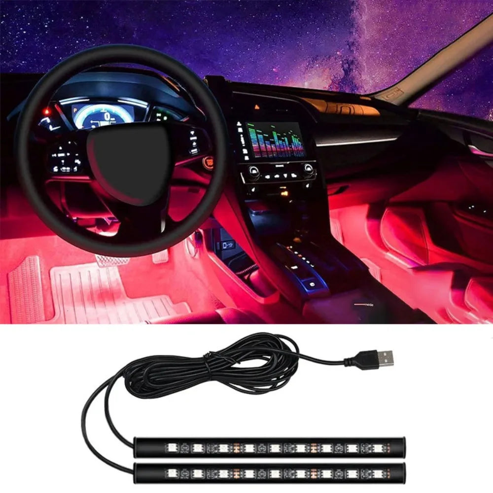 Two black LED strip lights with a USB cord, shown illuminating a car interior in vibrant red.