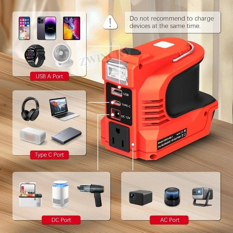 Bright orange 180W power inverter with LED light, USB-A, USB-C, DC, and AC ports for 18V batteries.