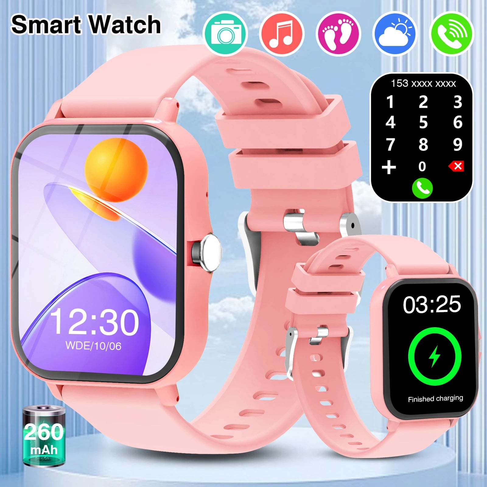 Pink square smart watch with a touch screen, wireless calling keypad, fitness tracking icons, and charging display.