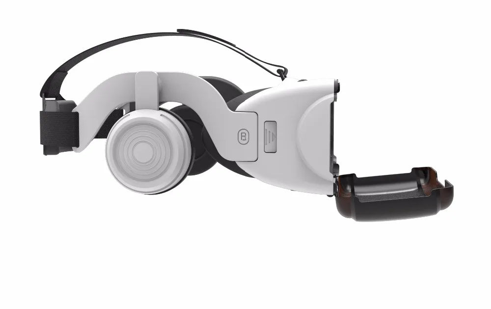 White and black VR headset for smartphones, featuring an adjustable head strap and side-mounted circular dials.
