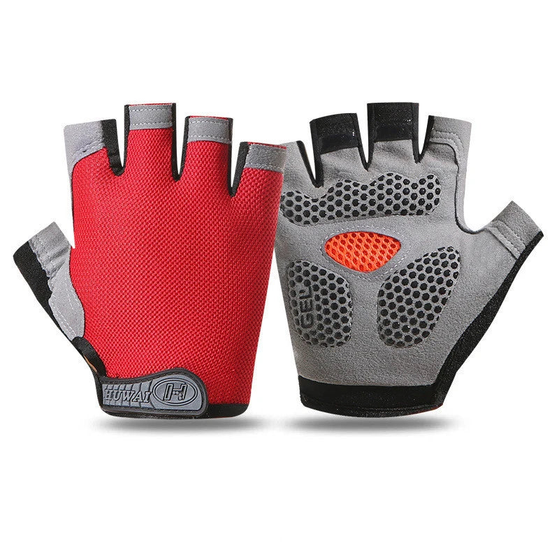 Red and grey fingerless cycling gloves with gel-padded palms and breathable mesh fabric.