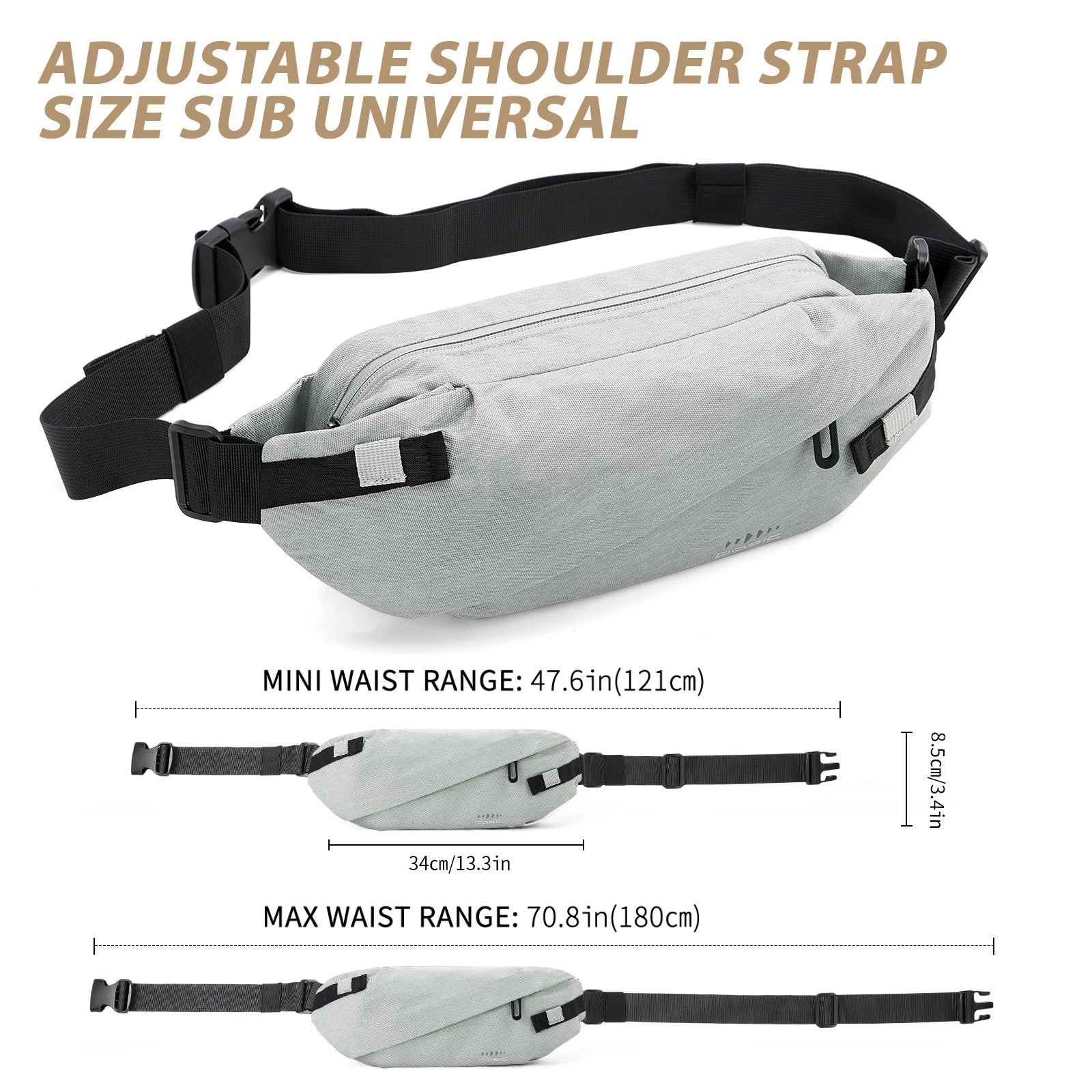 Light grey anti-theft crossbody sling bag with an adjustable black strap, showing minimum and maximum waist dimensions.