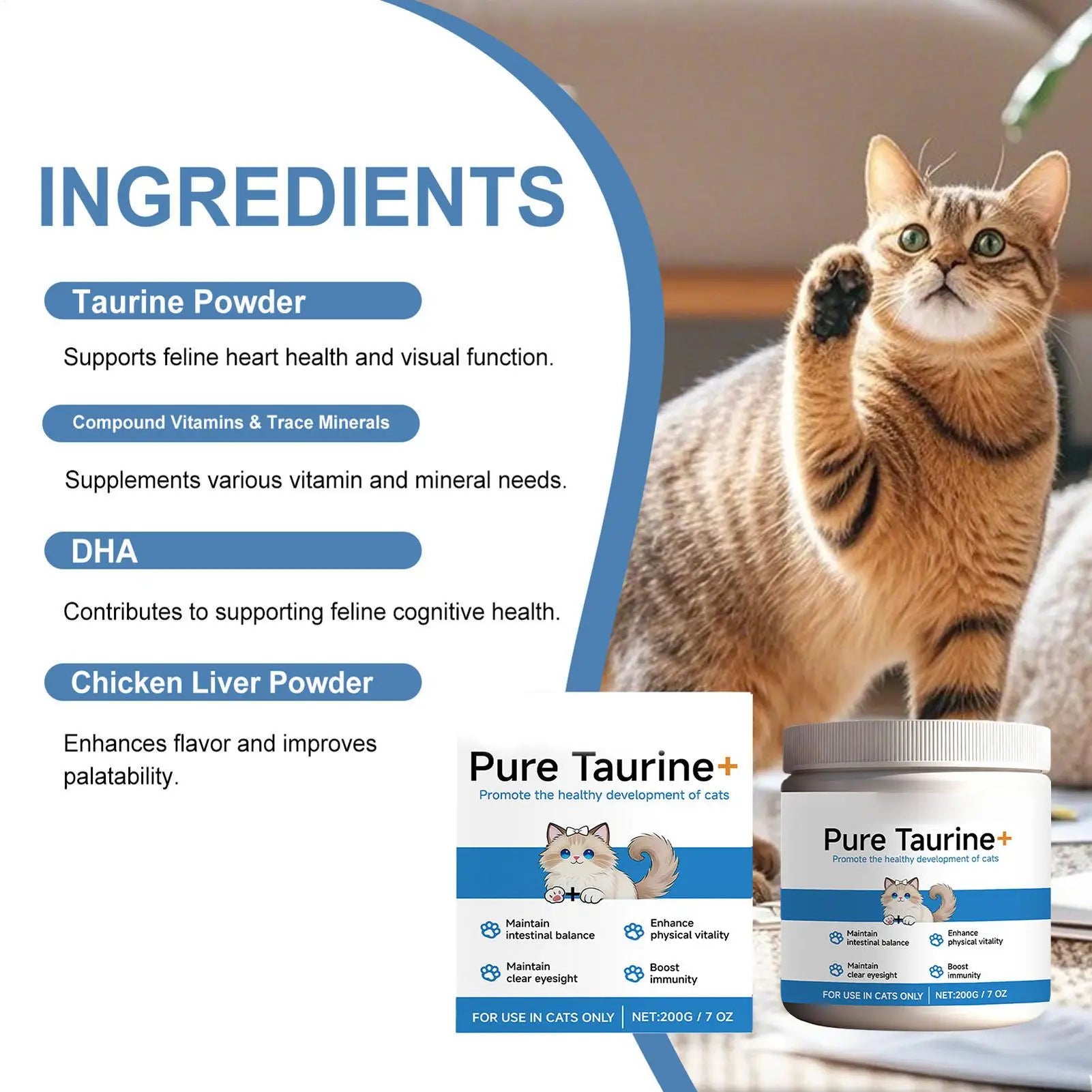 Pure Taurine+ supplement for cats, 200g white tub with blue label listing benefits like heart and immune health.