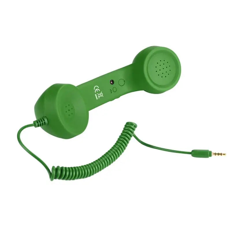 Retro-style green telephone handset with a coiled cord and a 3.5mm jack connector for mobile devices.