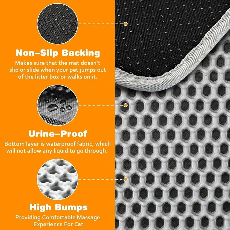 Grey, heavy-duty honeycomb cat litter mat with non-slip backing, waterproof layer, and textured surface for comfort.