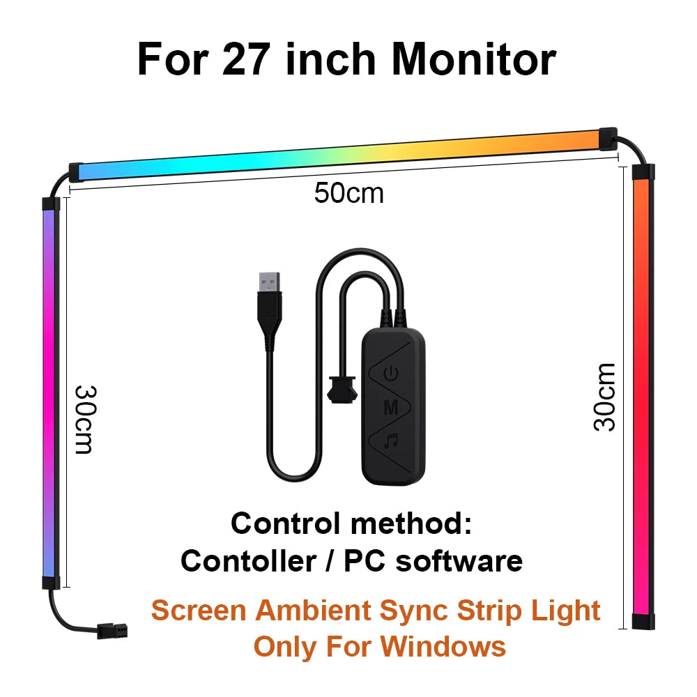 RGB LED ambient light strips for 27-inch monitors, featuring a USB controller for PC software syncing.