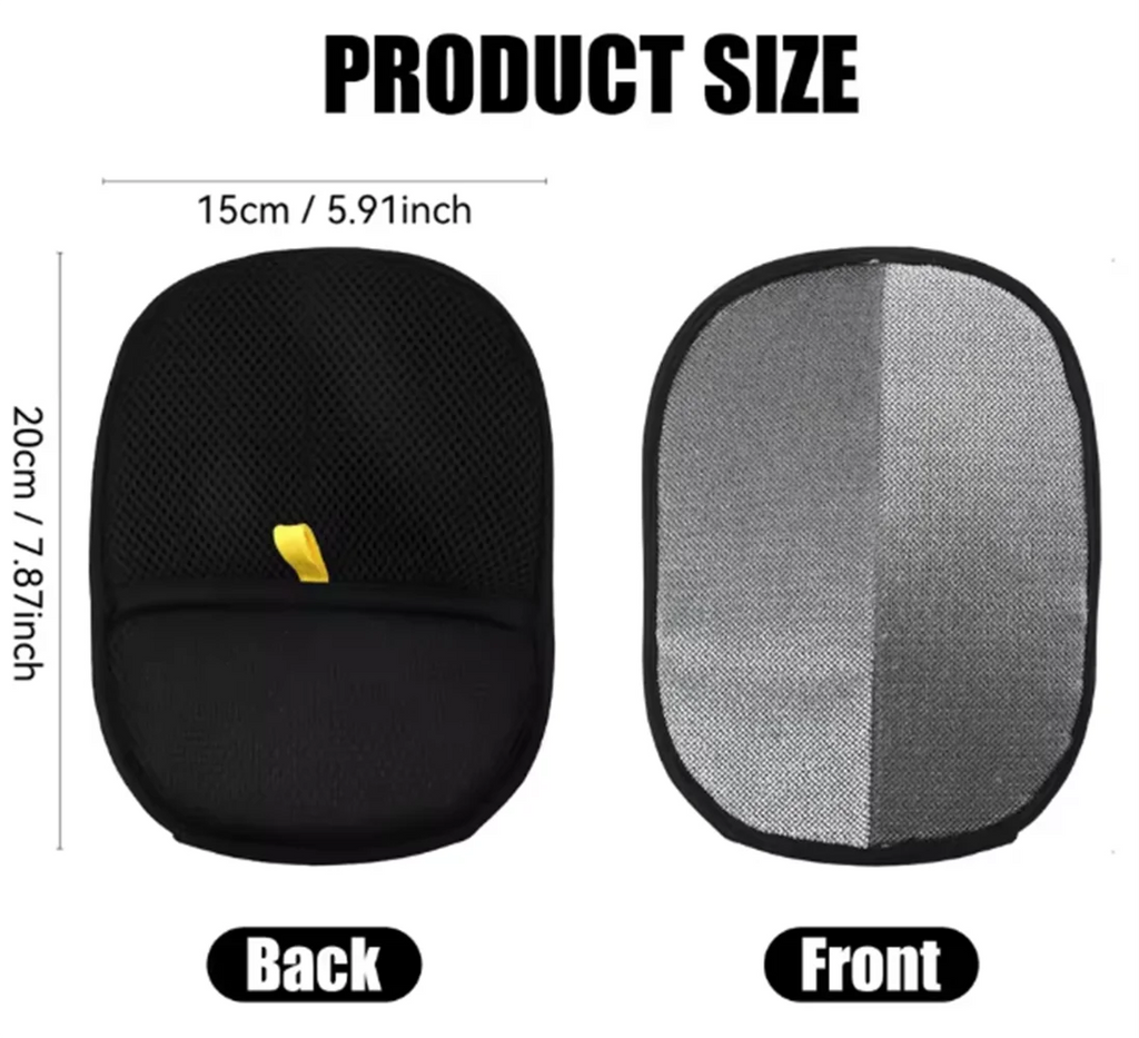 Black and silver oval car window sunshade showing 15cm x 20cm dimensions, with a mesh back and reflective front.