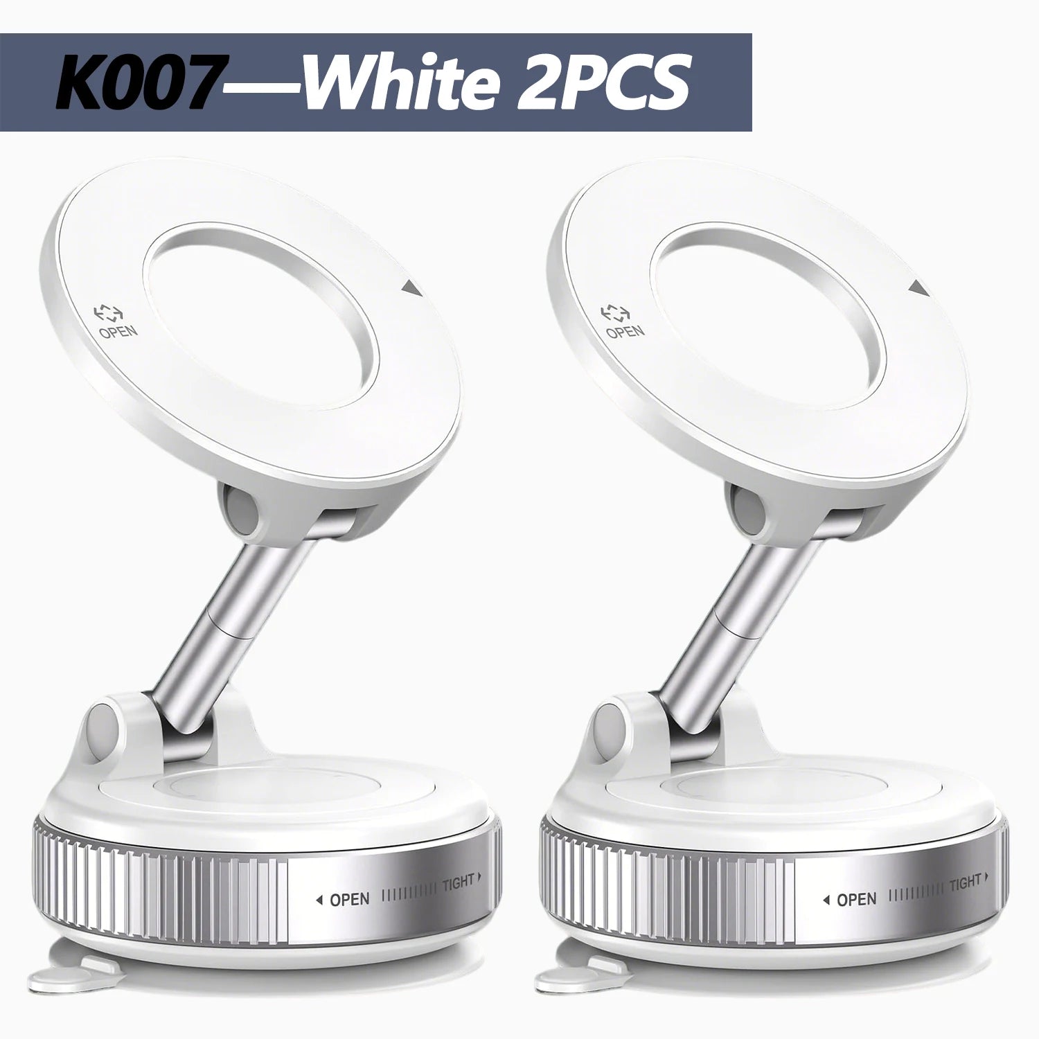 Two white, adjustable, circular magnetic phone holder stands with a metallic, telescoping arm and ribbed base.