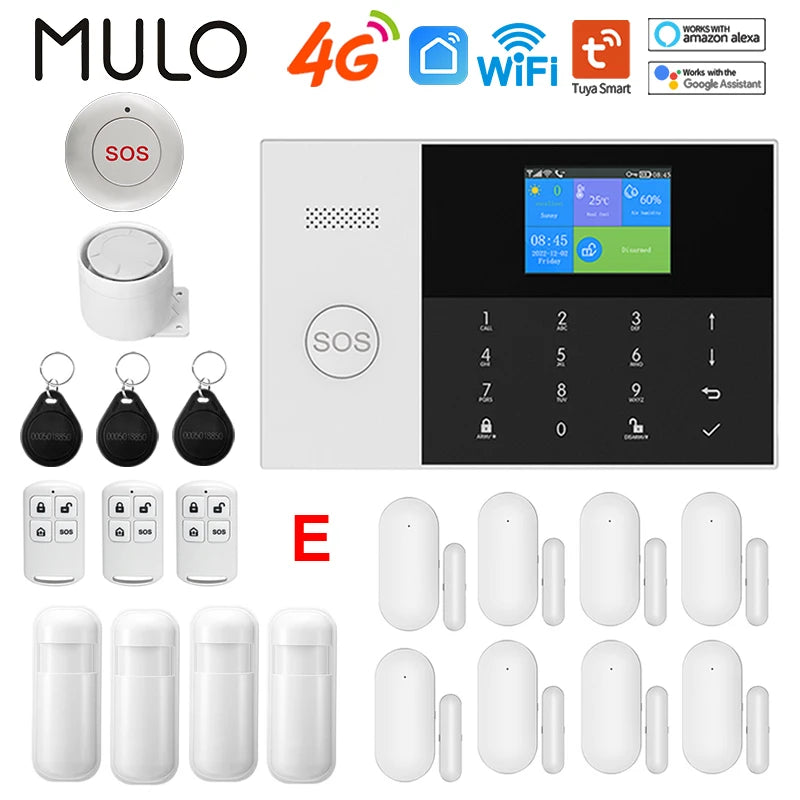 White 4G/WiFi smart home alarm system with display screen, remote controls, sensors, SOS button, and key fobs.