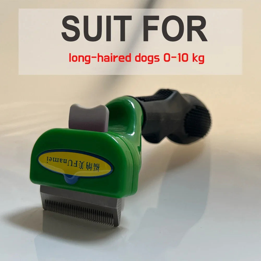 Green dog deshedding tool with a black ergonomic handle and a metal comb head, suitable for small, long-haired dogs.